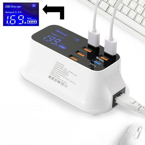 Multiple USB Charger 8-Port Desktop Charging Station with Quick Charge 3.0 USB Port Tablet and More Type C Port and LCD Display for Smart Phones 